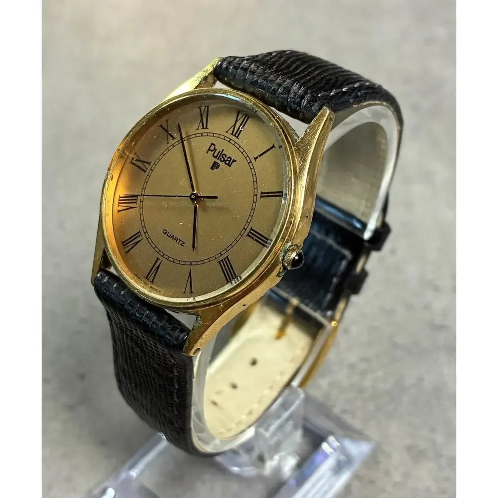 Pulsar Men's Slim Gold Tone Watch Y541-8009 Roman Numeral Dial 33mm Working Rare